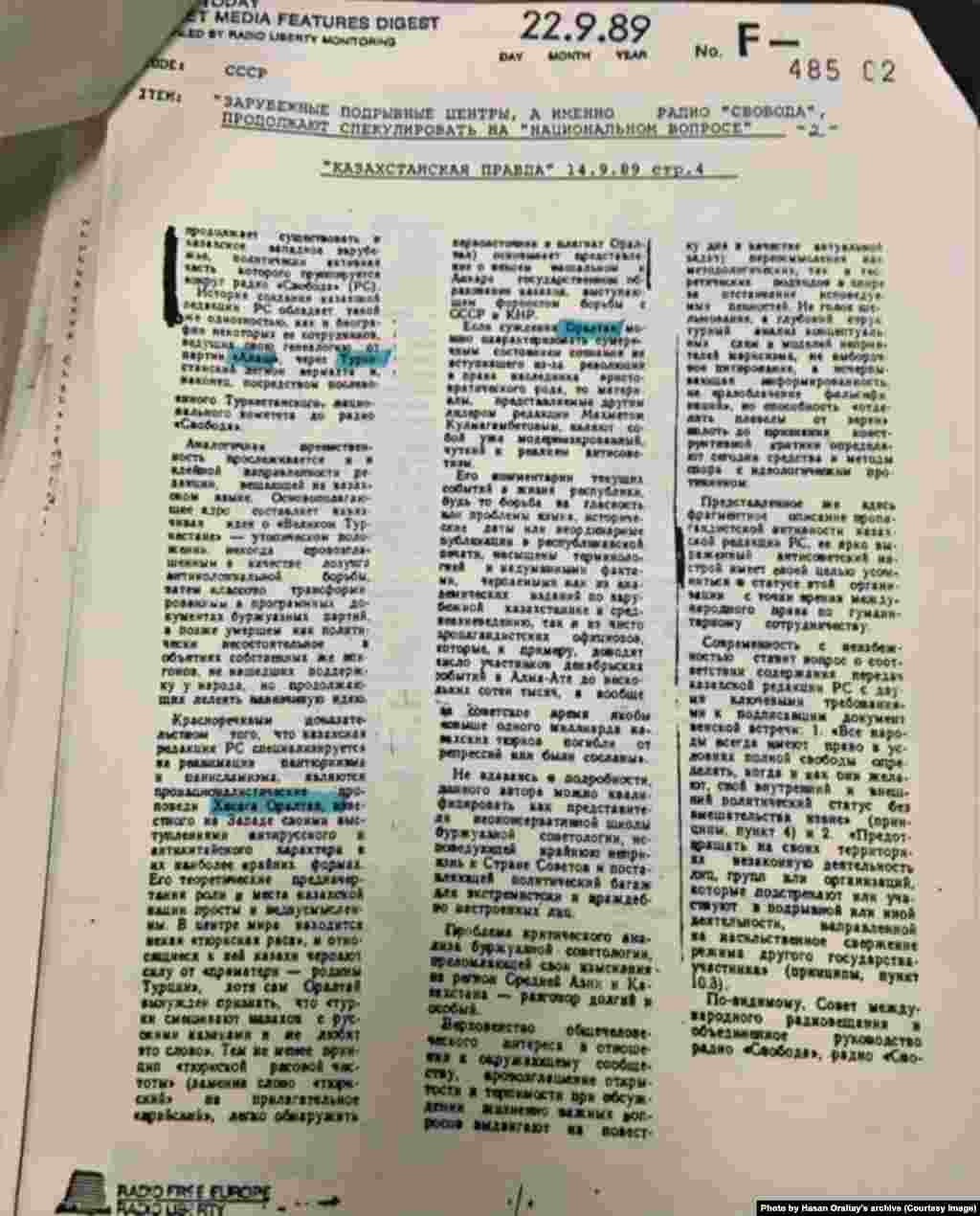 &quot;Казахстанская правда&quot; газетінің Азаттық радиосы мен Хасен Оралтайды қаралап жазған мақалаларының бірі. Алматы, 14 қыркүйек, 1989 жыл