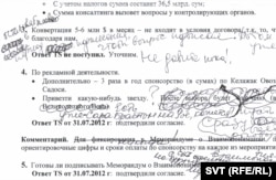 Швед журналистерінің "Гүлнара Каримованың қолмен жазған түзетулері" деп ұсынған құжаттың көшірмесі.